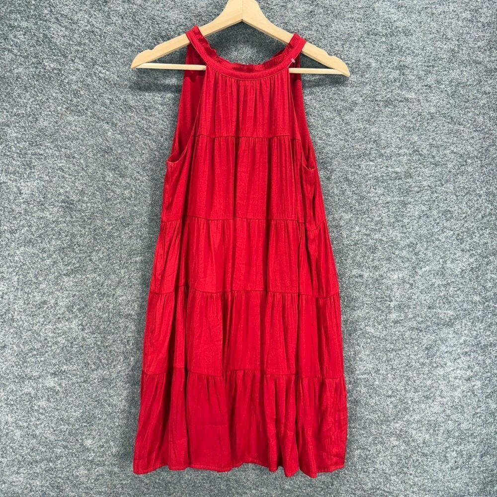 Skies Are Blue Dress Women XS Red Shift Midi Sleeveless Lined Tasseled Casual
